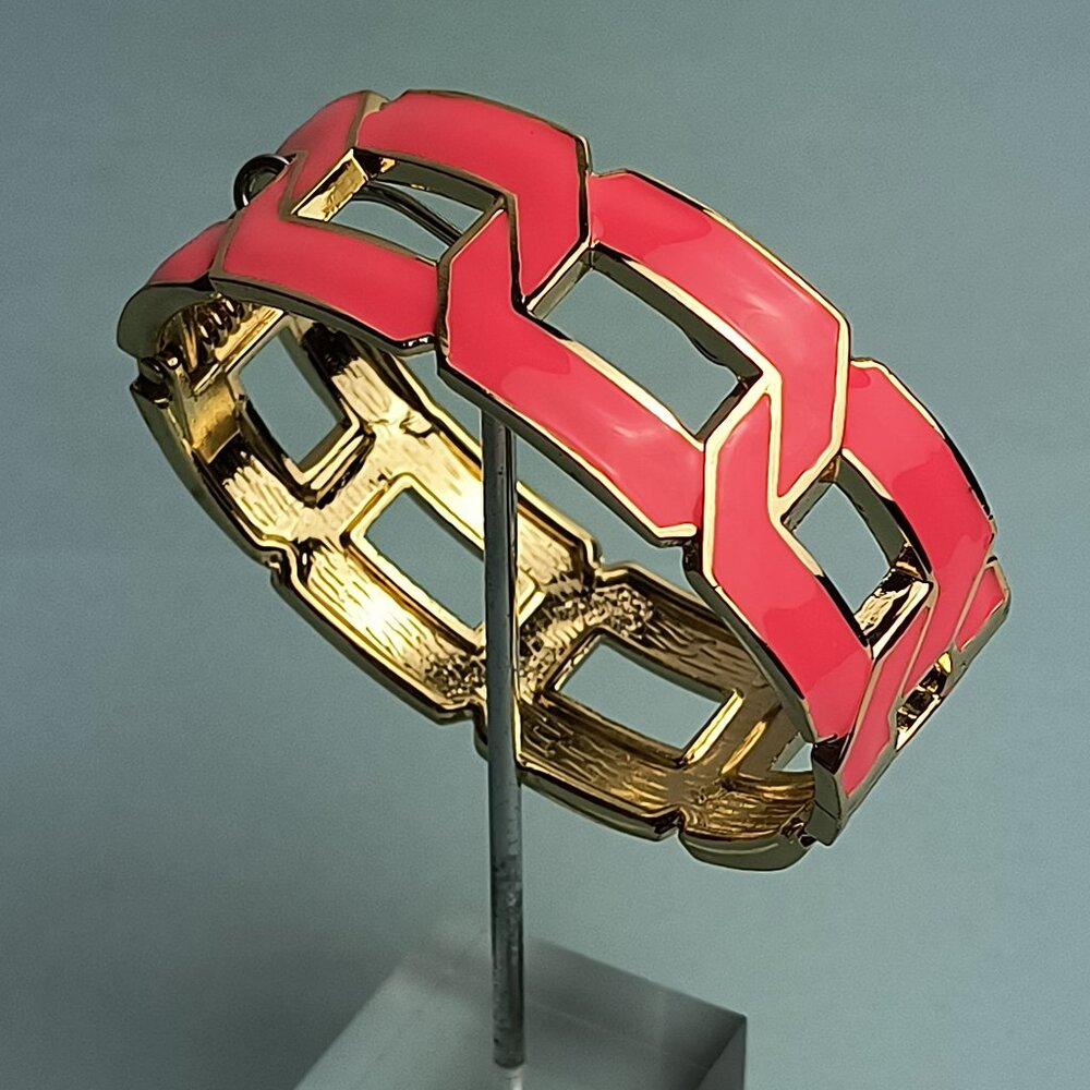 Statement Enamel Link Chain Oval Inged Cuff Bangle Bracelet Neon Pink Go…